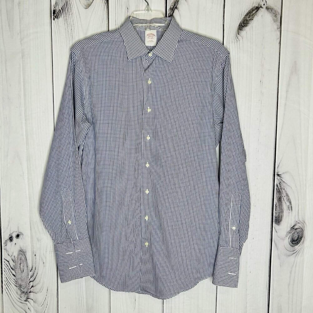 Brooks Brothers Makers Oxford Button Up Shirt Sz L Blue White Check French Cuff